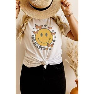 Be Happy Graphic Tee Comfort Colors Smiley Face Relaxed Slogan Shirt White New